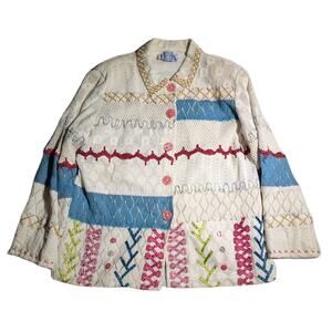 Vtg 1990s BFA Ivory Blue Crochet Patchwork Embroidered Button Up Jacket Sz M
